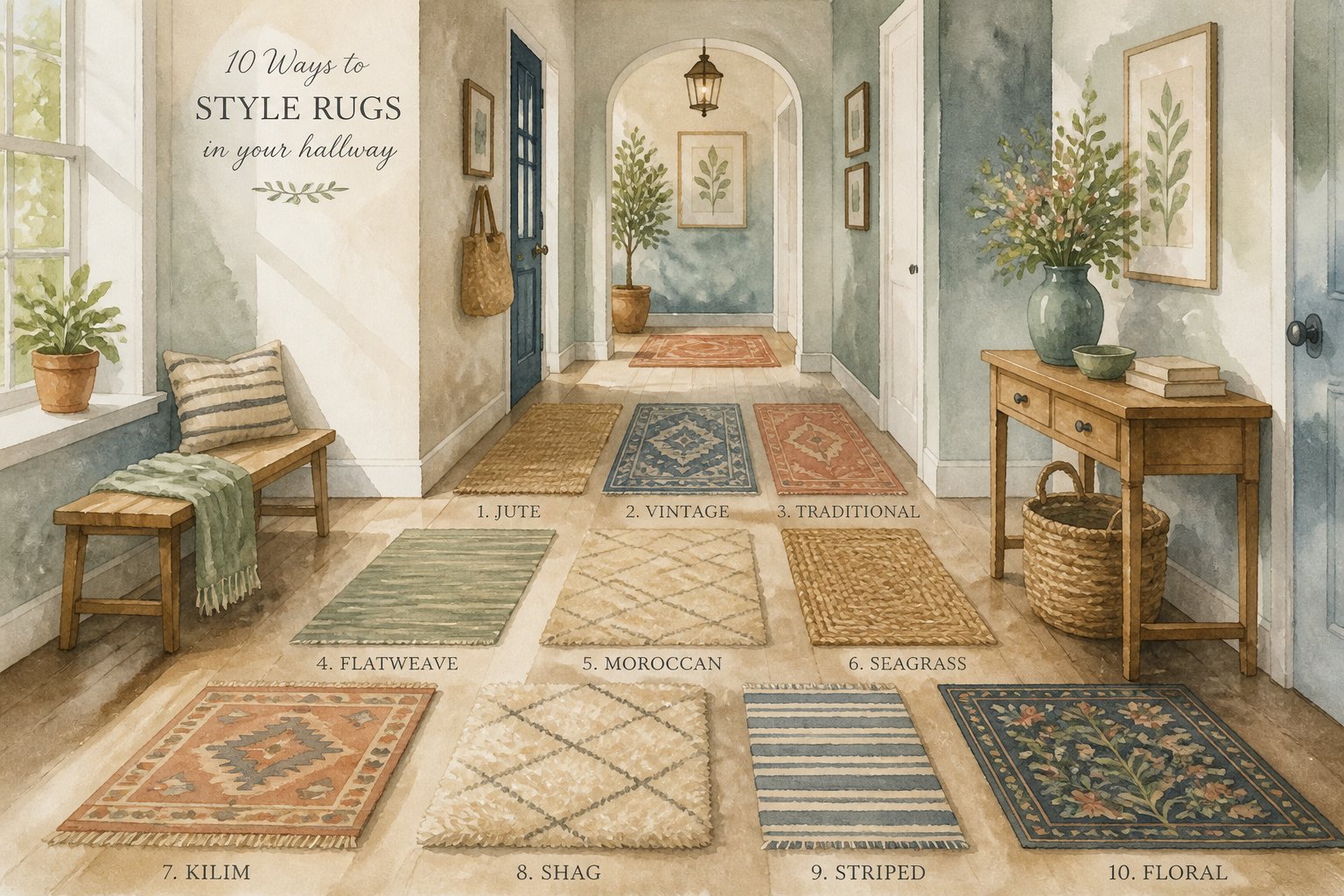 Un couloir lumineux avec plusieurs tapis disposés sur le sol, des murs décorés simplement et une petite table avec un vase de fleurs.